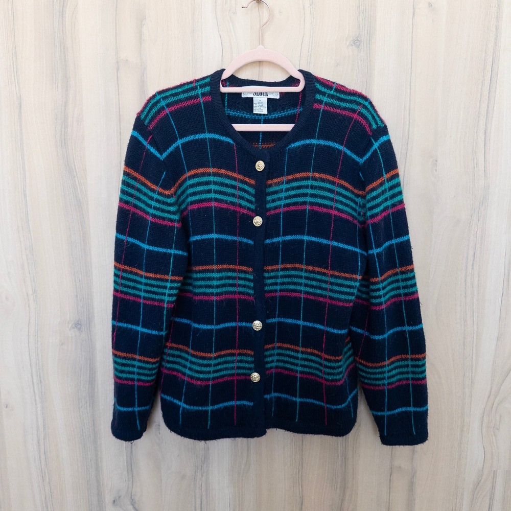 Vintage Womens Cardigan M Navy Blue Plaid Mohair Blend Gold Button Preppy Retro